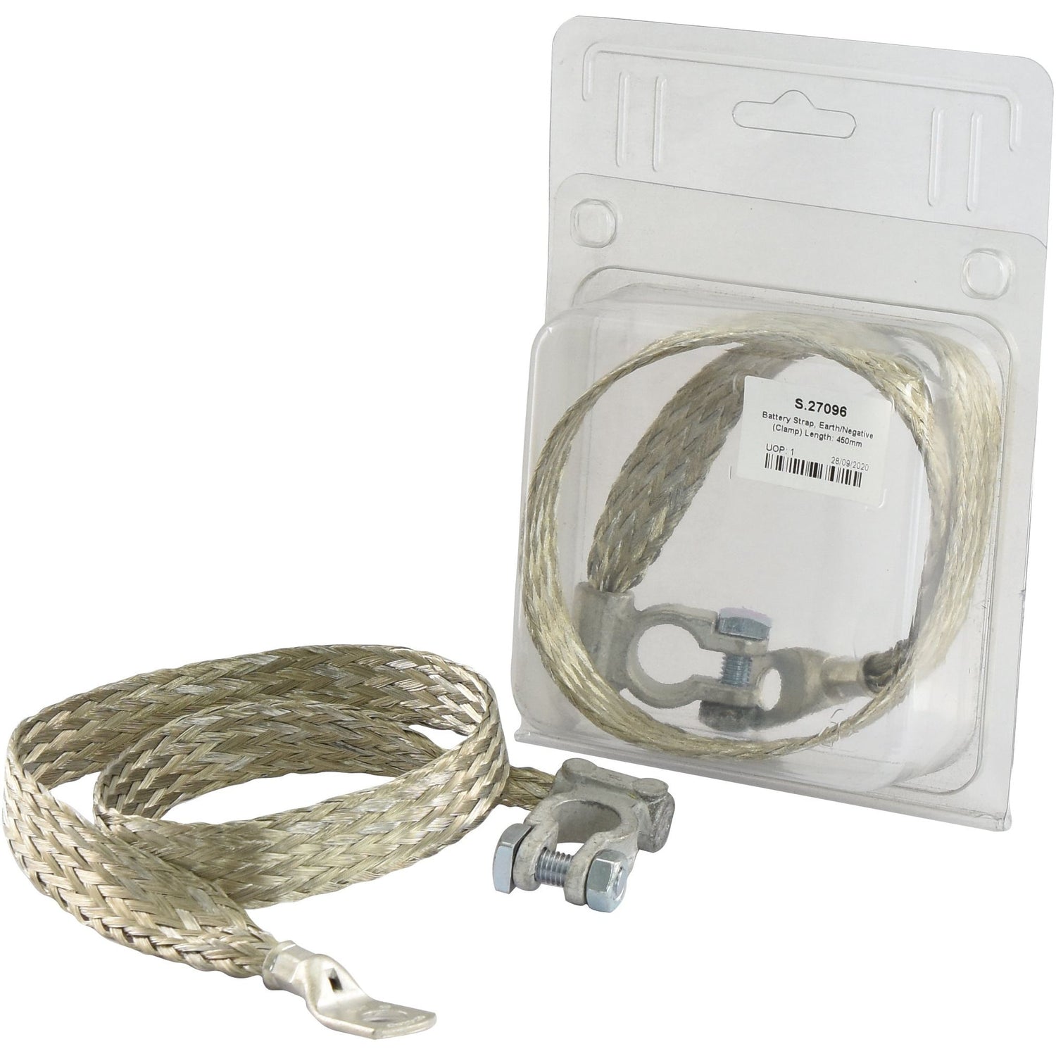 Packaged and unpackaged braided grounding strips with clamp connectors, featuring durable Sparex battery terminal compatibility, all in a plastic blister pack. Product: Battery Strap, Earth/Negative (Clamp) Length: 450mm - S.27096.