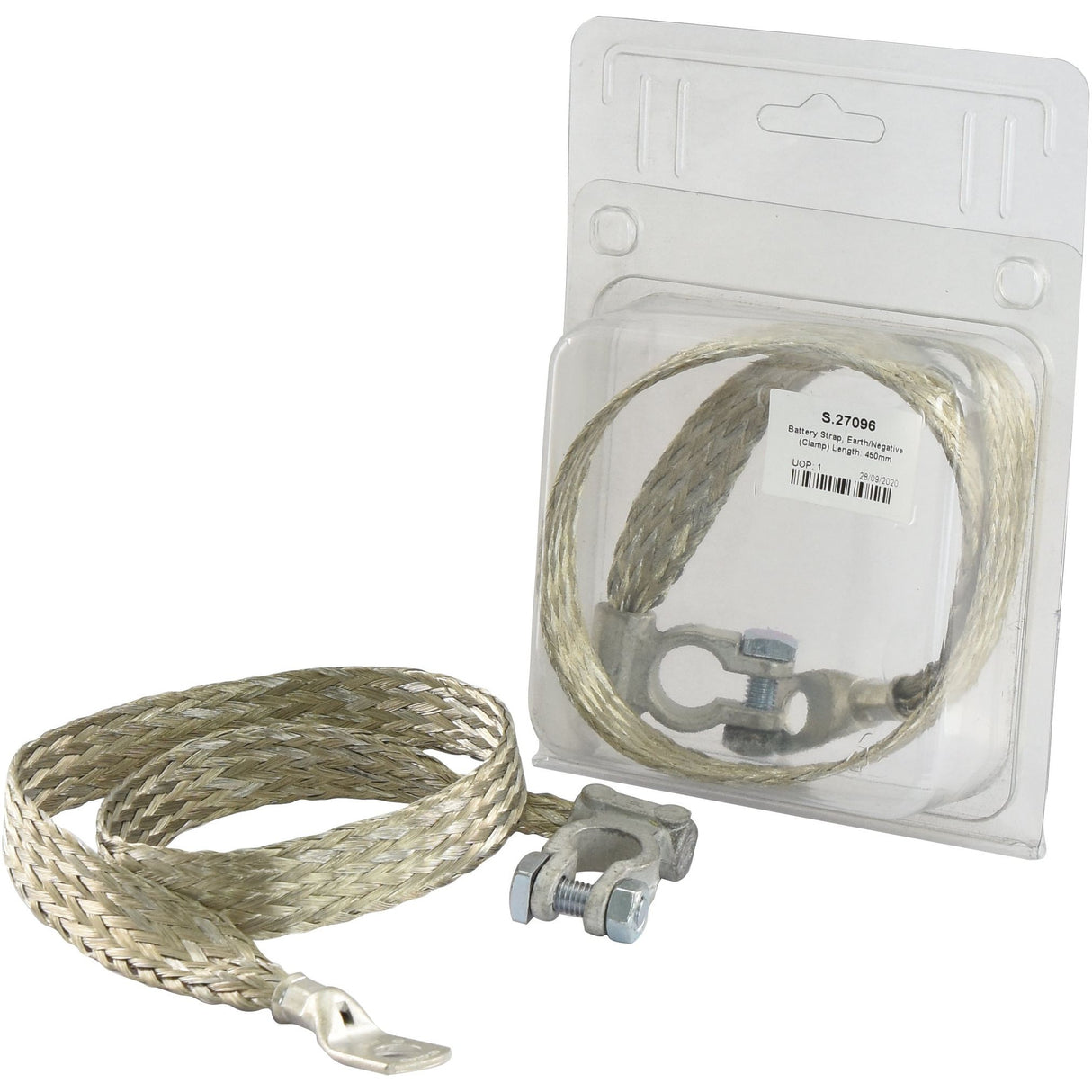 Packaged and unpackaged braided grounding strips with clamp connectors, featuring durable Sparex battery terminal compatibility, all in a plastic blister pack. Product: Battery Strap, Earth/Negative (Clamp) Length: 450mm - S.27096.