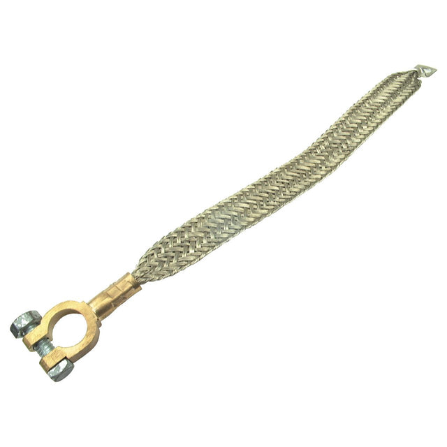 A Battery Strap, Earth/Negative (Clamp) - S.14632 by Sparex made of tinned copper wire featuring metal connectors at both ends, and measuring 600mm in length.
