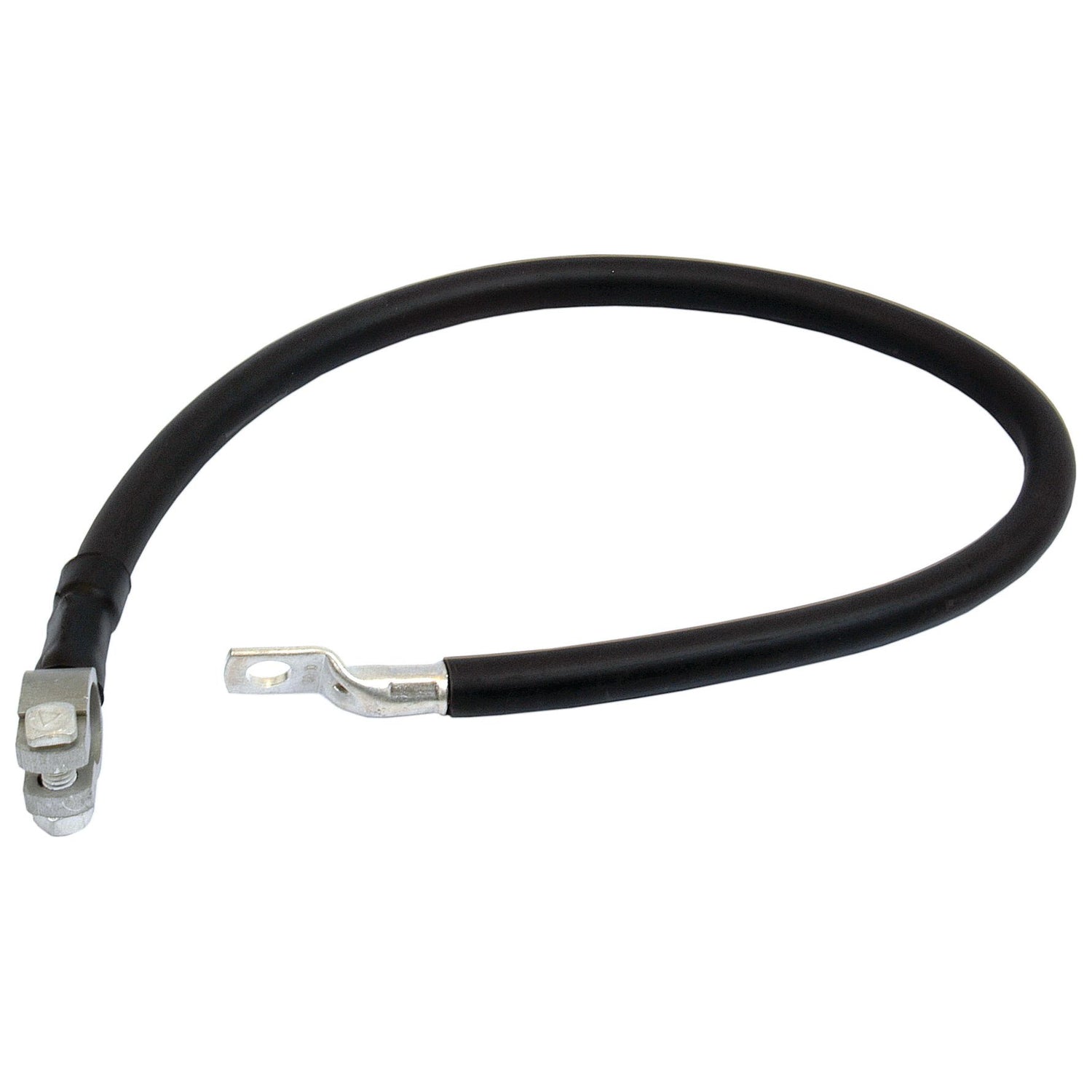 The Sparex Battery Strap, Earth/Negative (Clamp), measuring 600mm long (S.20886), is a black PVC cable with metal connectors on both ends, slightly curved in a U-shape. It's ideal for use as a battery terminal.