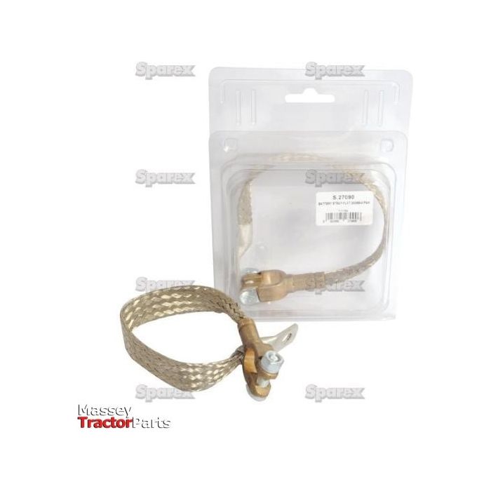 A braided grounding strap, crafted from braided tinned copper wire, is displayed outside its packaging. In the background, the "Sparex" branded packaging prominently features the label "S.27090." The text "Massey Tractor Parts" is also visible.