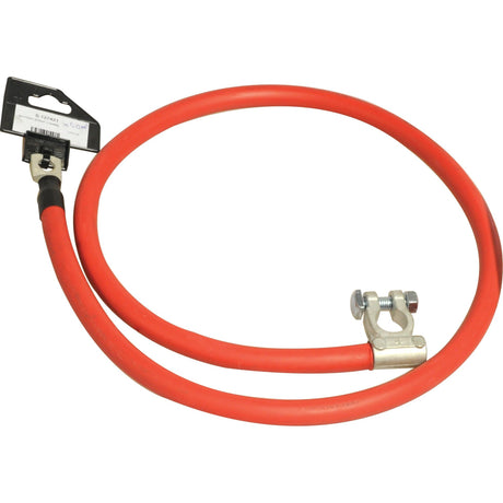 A Battery Strap, Positive (Clamp) - Sparex S.127421, 1100mm in length, featuring a red PVC cable with a metal terminal clamp and a black tag on one end.
