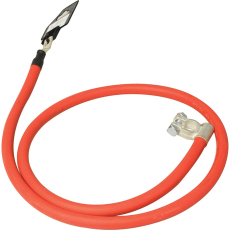 The Sparex Battery Strap, Positive (Clamp), S.127422, is a 1300mm red PVC cable featuring metal terminal clamps, a black connector, and a label on one end. It is ideal for connecting to the positive battery terminal.