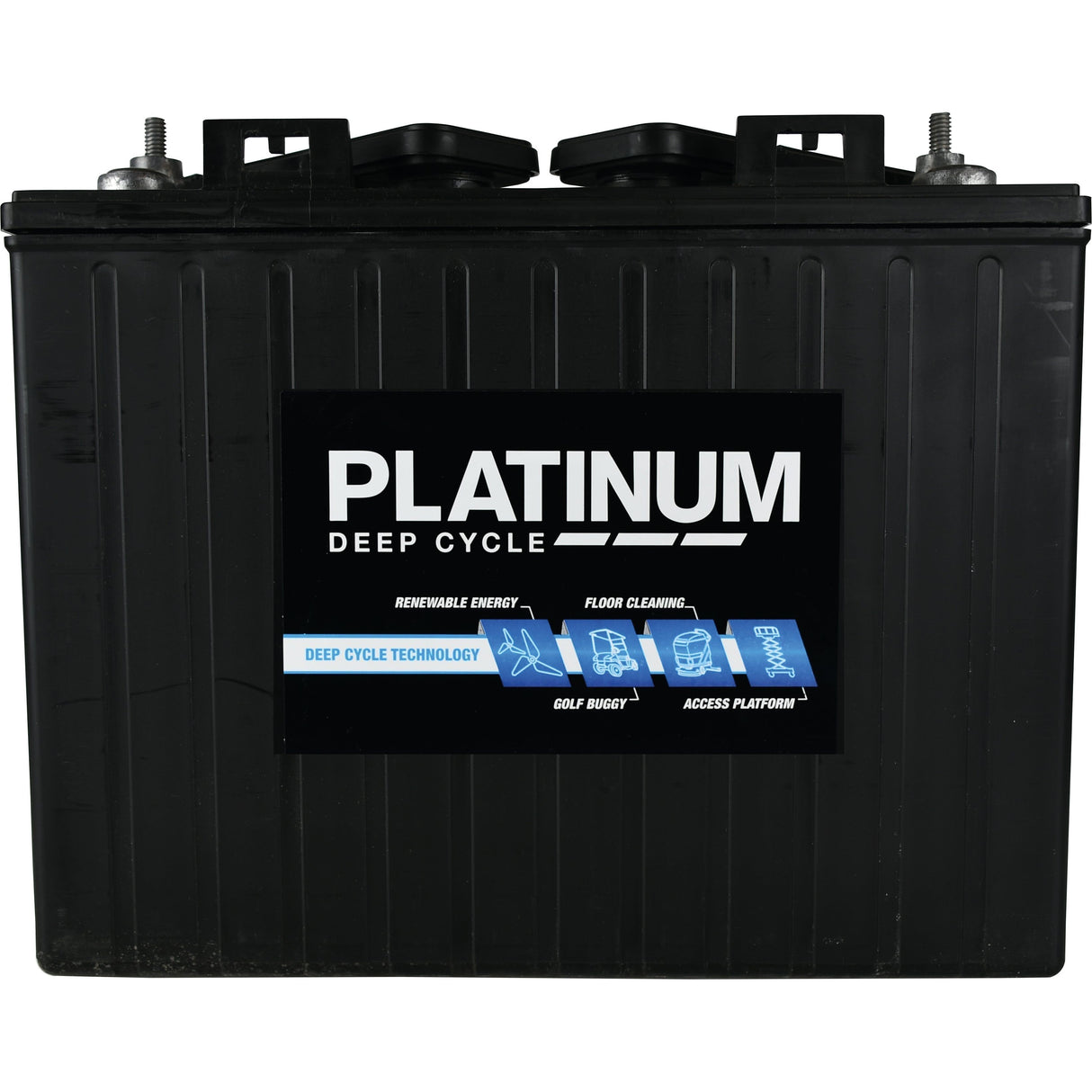 A black deep cycle battery labeled "PLA-T875" used for renewable energy, floor cleaning, golf buggies, and access platforms. This 8V cyclic battery with a capacity of 170 AH @20HR from Sparex is reliable and efficient.