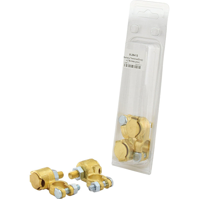 A package containing two pairs of Sparex Battery Terminal (Standard Duty) Positive/Negative connectors (Agripak 2 pcs.), with one pair removed and displayed in front. These connectors, a great alternative to part no. 162383, offer reliable performance and come from the trusted Sparex brand.