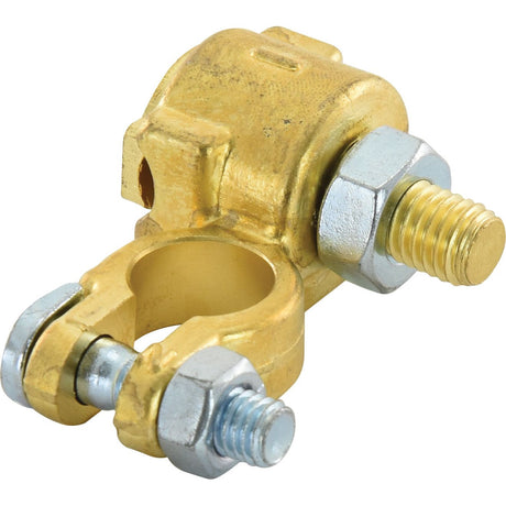 The Sparex Battery Terminal (Standard Duty) Negative (Part No. S.26411) is a brass battery terminal connector equipped with attached bolts and nuts, making it ideal for wiring connections in automotive or other electrical applications, including negative cable setups. This product is perfect for those who appreciate quality Sparex parts.