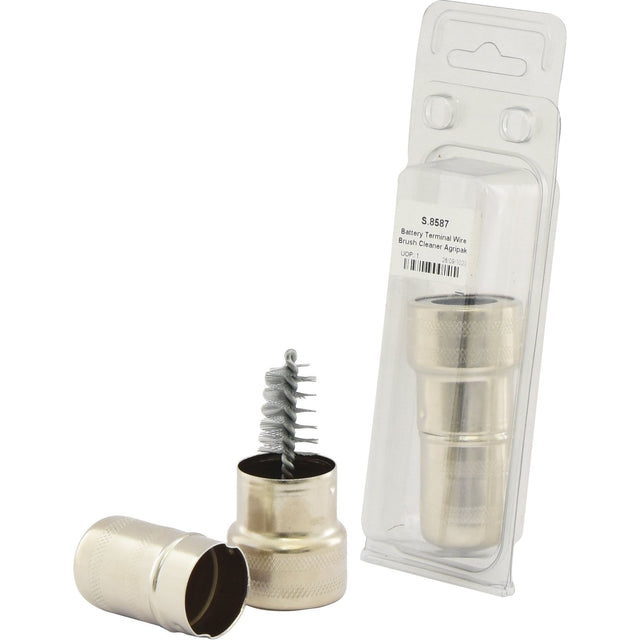 The Sparex Battery Terminal Wire Brush Cleaner (Part No. S.8587) is displayed both outside and inside its packaging, efficiently designed for cleaning battery terminals.