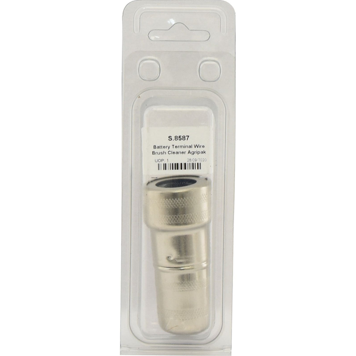 A packaged Battery Terminal Wire Brush Cleaner, labeled "Battery Terminal Wire Brush Cleaner | Sparex Part No. S.8587 from Sparex.