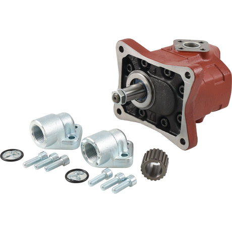Close-up of a Sparex Hydraulic motor (6080200057, Sparex Part No.S.72200) with a red housing, accompanied by fittings, bolts, washers, and a gear.