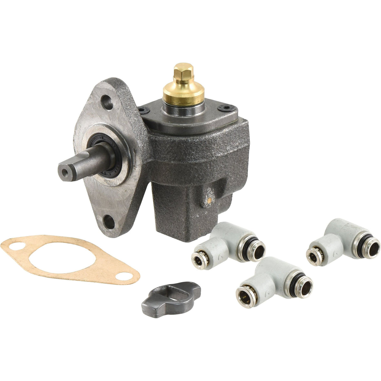 A Sparex Oil Pump, part number S.143466, designed to fit as 6080200014, along with three right-angle hose fittings, a gasket, and a key are displayed against a white background.