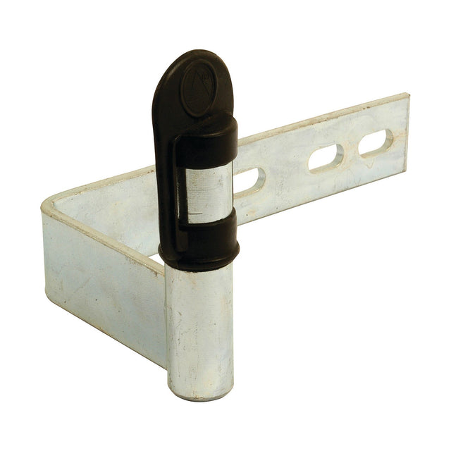 The Beacon Bracket (LH) - S.42827 from Sparex is a metal L-shaped bracket with a black plastic hinge. It features three oval holes and is designed for attachment to Ford models. The product includes an LH Pin for secure installation.