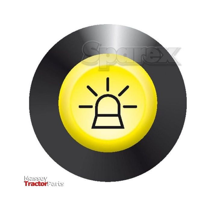 A round button with a yellow center featuring a black icon of a light signal, surrounded by a black and silver circular border. Text on the image reads "Sparex" and "Massey Tractor Parts." Ideal as a beacon switch or push button replacement. Product name: Beacon Switch | Sparex Part No.S.52806, by the brand Sparex.