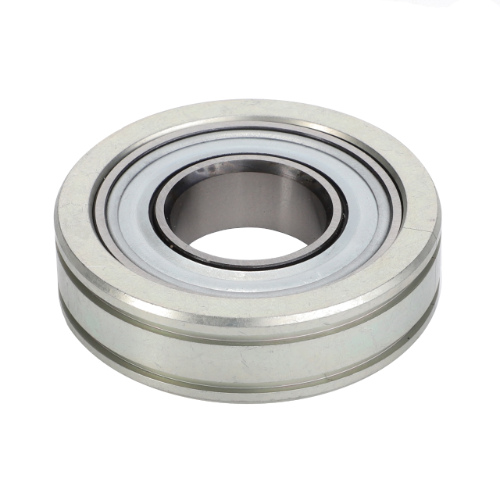 The AGCO Massey Ferguson Bearing Power Flow Band (D41715600) is a cylindrical metal ball bearing featuring inner and outer rings, commonly used in the Massey Ferguson Combine 7200 Series machinery to minimize friction in rotating components.