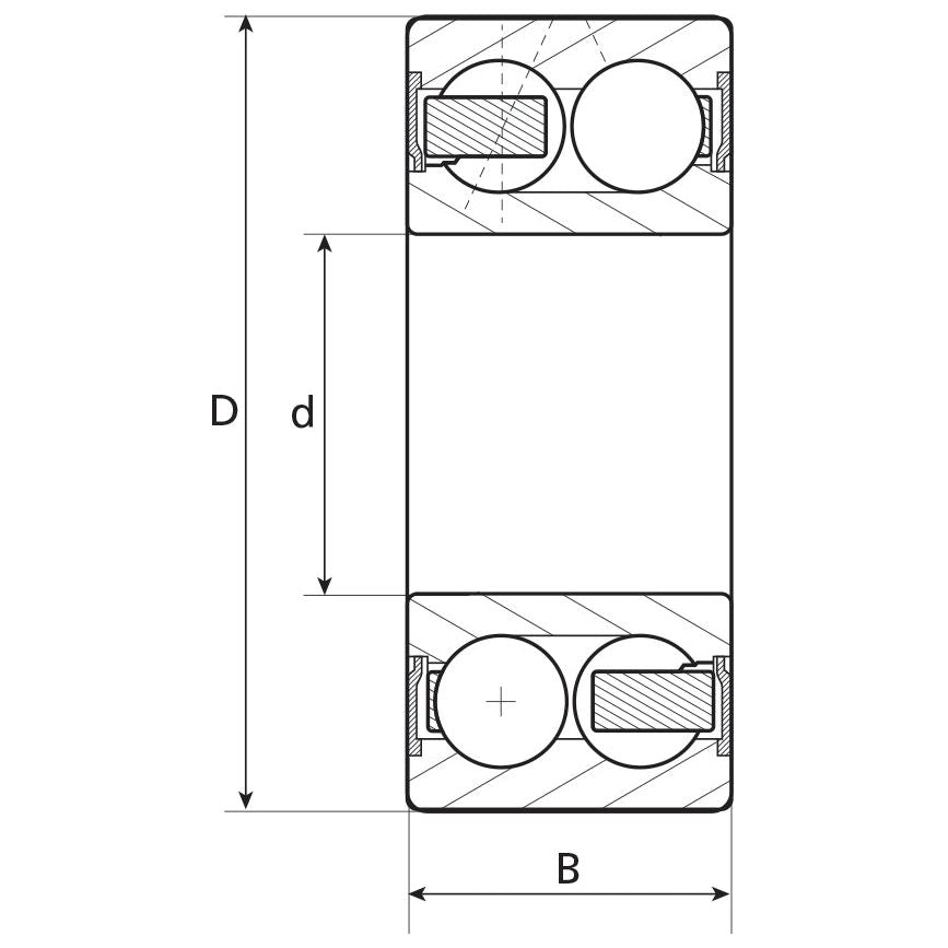 Technical drawing of a cross-section of an angular contact bearing, featuring various dimensions labeled as D, d, and B, with two rollers inside the bearing housing. This is similar to the Sparex Angular Contact Bearing (5206H), Sparex Part No.S.40906.