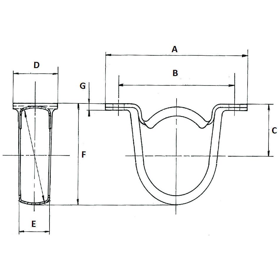 Technical drawing of a U-shaped pipe section with labeled dimensions A, B, C, D, E, F, and G. The side view and front view of the pipe are shown alongside a Sparex Bearing Housing Only (PP207), Sparex Part No. S.43877.