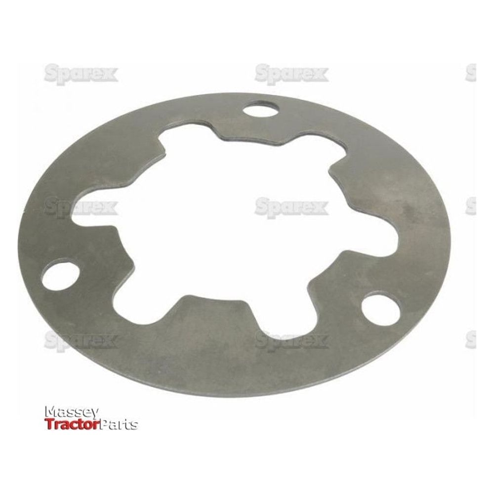 A Belleville Spring Plate (Sparex Part No. S.57322) with six inner notches and four round holes, labeled "Massey Tractor Parts" and "Sparex," suitable for Case IH equipment.