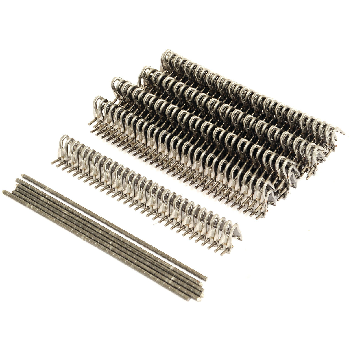 Rows of aligned Belt Fastener - U24CS, each 175mm in length (6 pieces), with a silver-colored finish reminiscent of those used in the Mato hammer system, are arranged on a white surface.