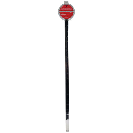Introducing the Sparex Belt Gauge (Part No. S.13934) - a tall black and metallic leveling rod with precise measurement markings and a distinctive circular red display at the top, making it indispensable for precision tasks.
