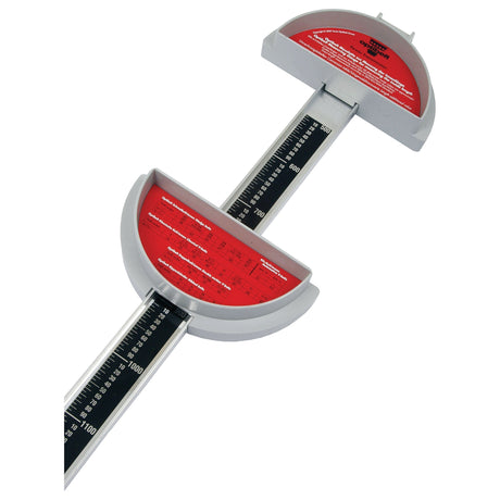Close-up of a Sparex Belt Gauge (Sparex Part No. S.13934) used for measuring the straightness of shafts, featuring a central black scale and red measurement indicators on either side with a white and silver casing. Tariff Code 9031808000 is applicable.