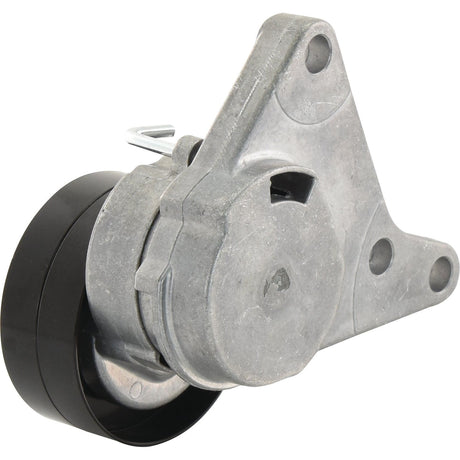 The Sparex Belt Tensioner (Part No.S.140901), featuring a metal structure and a black pulley wheel, is popular in John Deere machinery and is used to maintain proper tension on a belt or chain in an engine assembly.