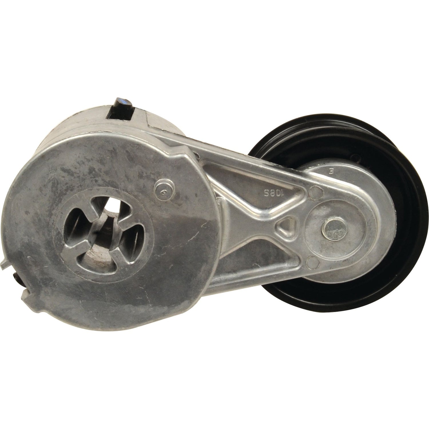 A Sparex Belt Tensioner | Sparex Part No.S.67043, featuring a black pulley, designed to maintain proper tension in the belt system of a Ford/New Holland vehicle.