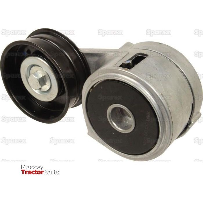 A Belt Tensioner made of metal and plastic, featuring two pulleys and set at a slight angle against a white background. Suitable for Ford / New Holland applications, the product is marketed under Sparex with Part No. S.67043.
