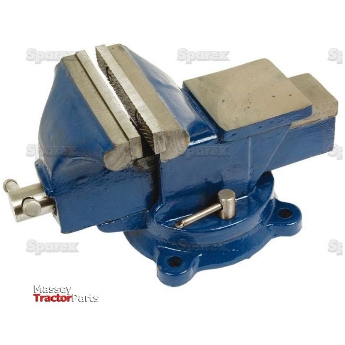 The Sparex Swivel Bench Vice - 125mm / 5'' (Sparex Part No. S.20513) with a rotating base is shown. This blue metal bench vise features an adjustable clamp and rectangular jaw, perfect for securely holding objects in place.