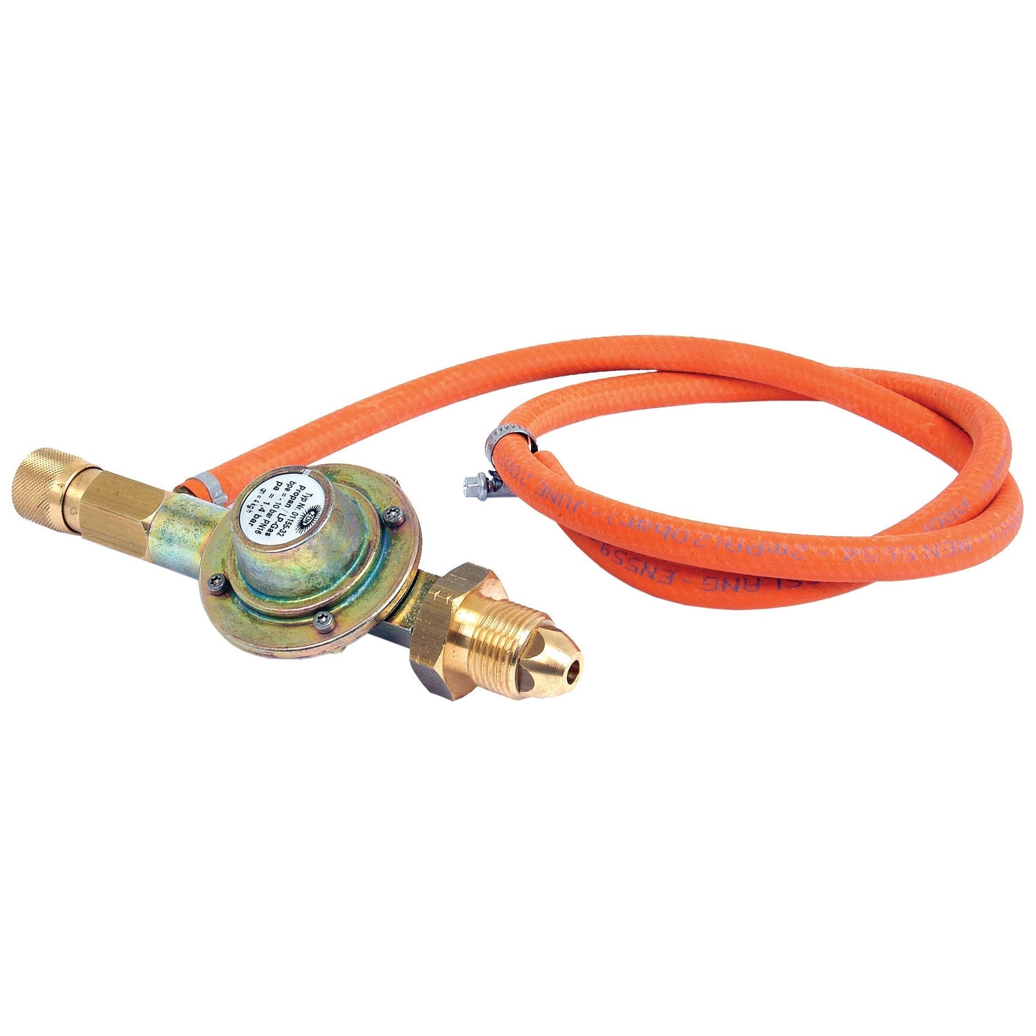 The Bird Scarer - Regulator and Hose by Sparex (Part No.S.18817) is ideal for your bird scarer setup, featuring a durable metal gas regulator connected to an orange rubber hose.