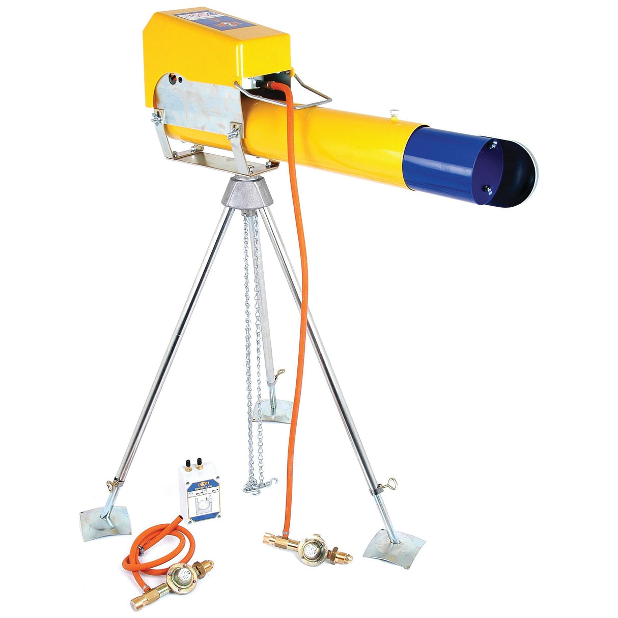A Sparex Bird Scarer (Part No. S.18817) in yellow and blue, mounted on a tripod stand, complete with attached hoses, a regulator, and various accessories displayed around it.