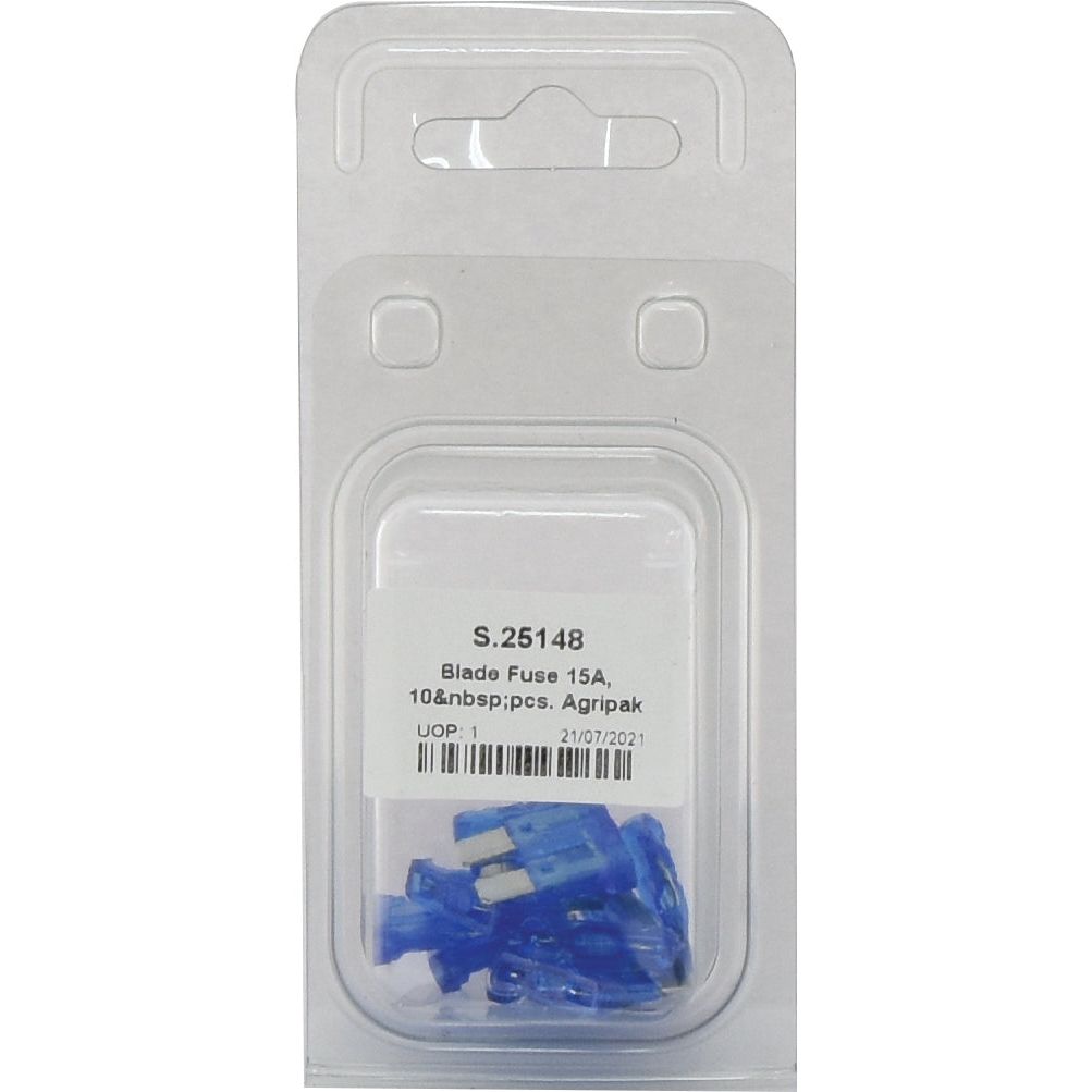A package containing 10 blue 15A blade fuses, labeled as Sparex Part No. S.25148, branded as ipak Agripak Blade Fuse with the product description visible on the front.