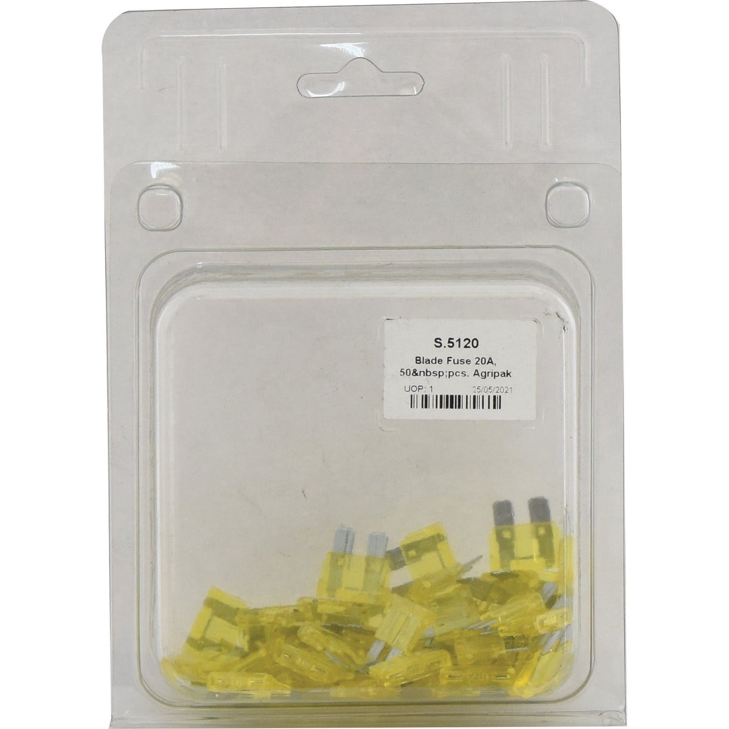 A blister pack containing multiple yellow 20A blade fuses. The packaging label reads "Blade Fuse 20A, 50 pcs. Agripak," Sparex Part No.S.5120 from the brand Sparex.