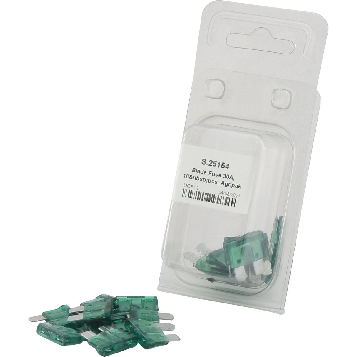A package of green 30A blade fuses with several fuses scattered beside it. The label on the package, indicating "Blade Fuse 30A, 10 pcs. Agripak" and "Sparex Part No.S.25154," also includes text and a barcode. Perfect for automotive use, these Sparex fuses ensure you’re prepared for any electrical issue on the go.