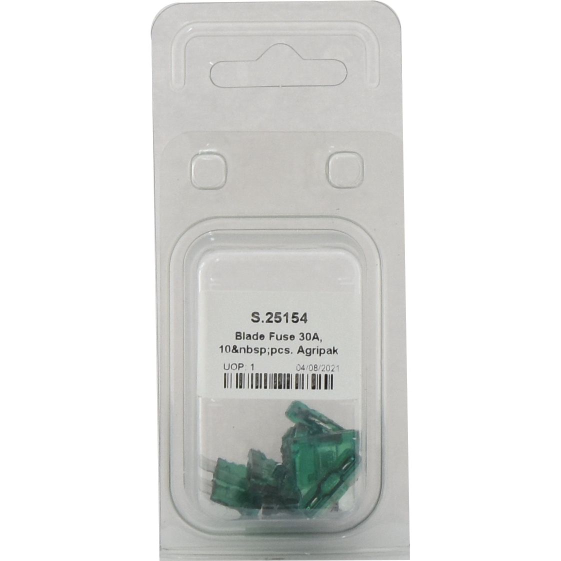 A package of green blade fuses labeled "Blade Fuse 30A, 10 pcs. Agripak" with the product code "S.25154" and the brand name "Sparex.