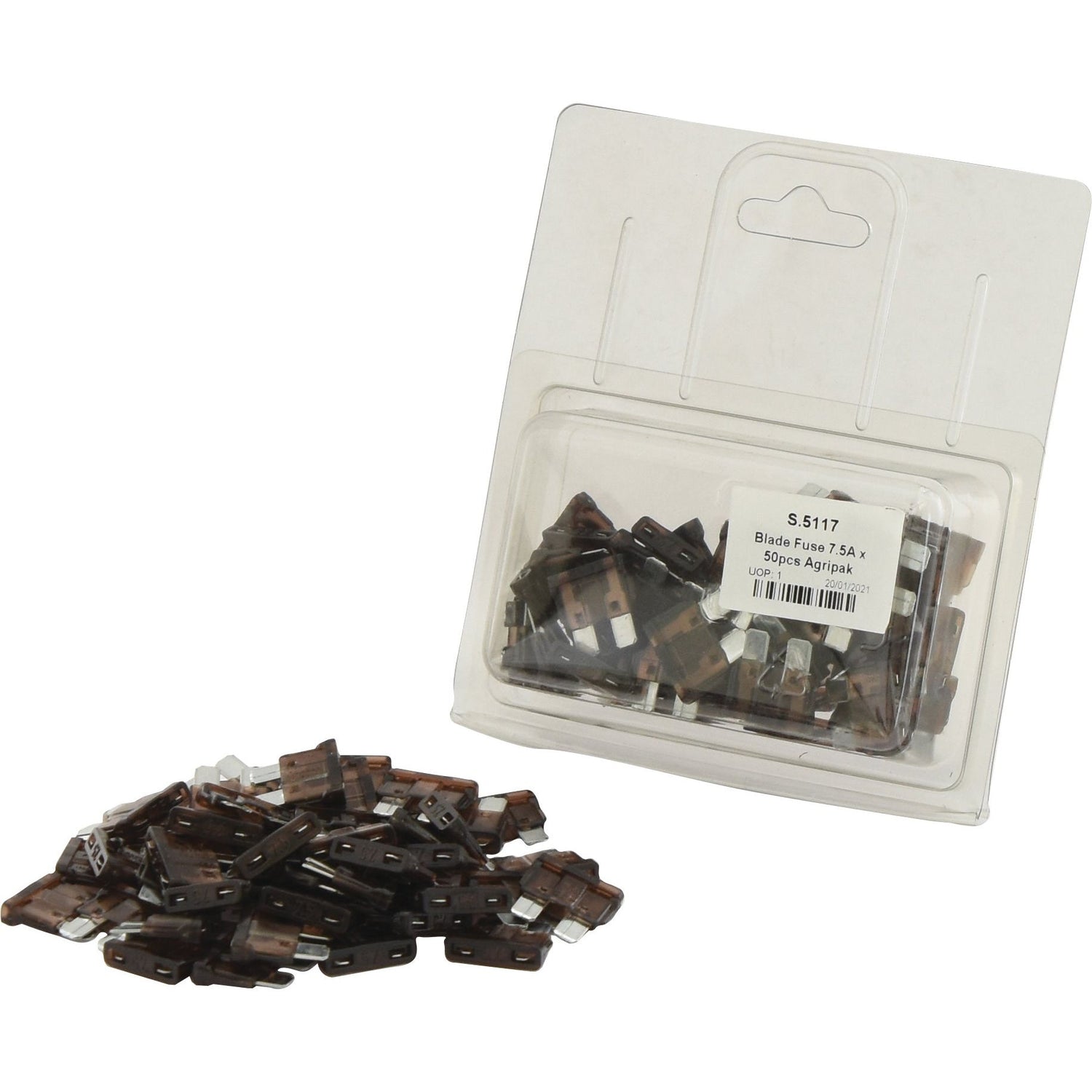 A pile of small, brown Blade Fuse 7.5A fuses from Sparex is scattered in front of a clear plastic package containing more fuses. The package is labeled "Blade Fuse 7.5A, 50 pcs. Agripak | Sparex Part No.S.5117.