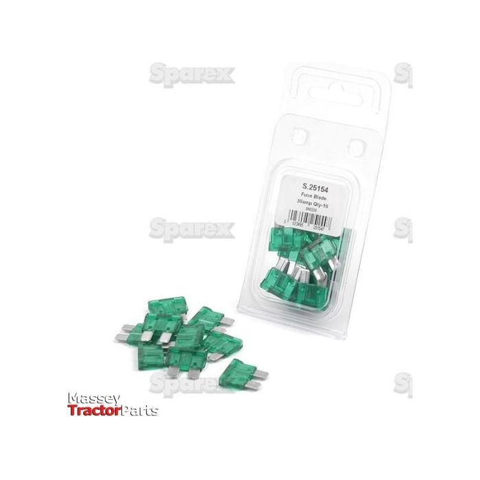 A pack of Sparex Blade Fuse 30A, 10 pcs. Agripak labeled S.25154 is displayed. Several fuses are scattered in front of the pack.