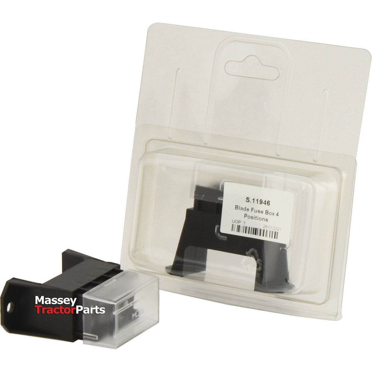 Image of a black blade fuse box with a clear cover, labeled "Blade Fuse Box 4 Fuse | Sparex Part No. S.11946," packaged in a transparent plastic clamshell with "Sparex" branding and compatible with Massey Tractor Parts' blade fuses.