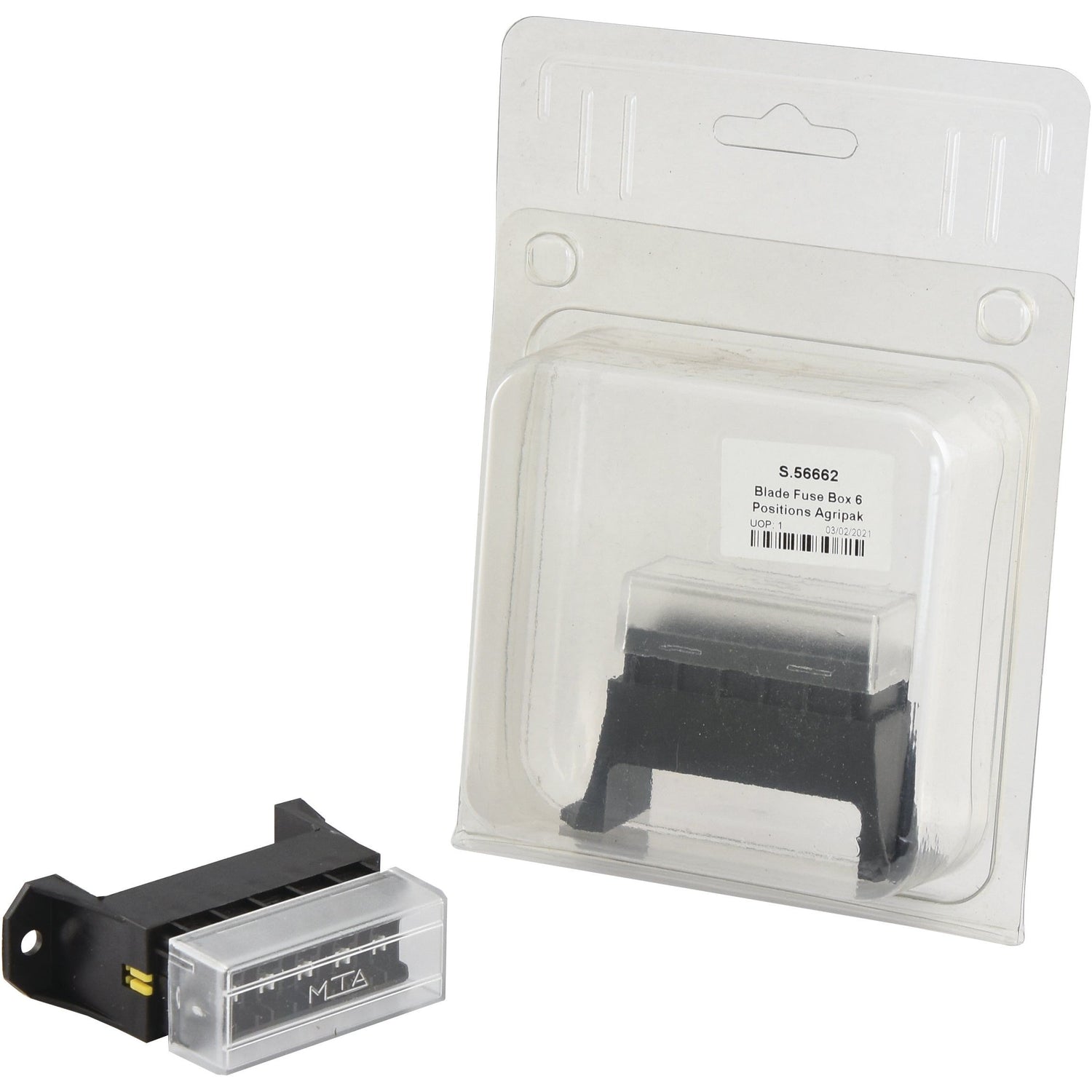 A Sparex branded blade fuse box with six positions, identified as Sparex Part No. S.56662 by Agripak, partially unpackaged and labeled as Blade Fuse Box 6 fuse (Agripak 1 pc.). The retail package is positioned behind the fuse box.