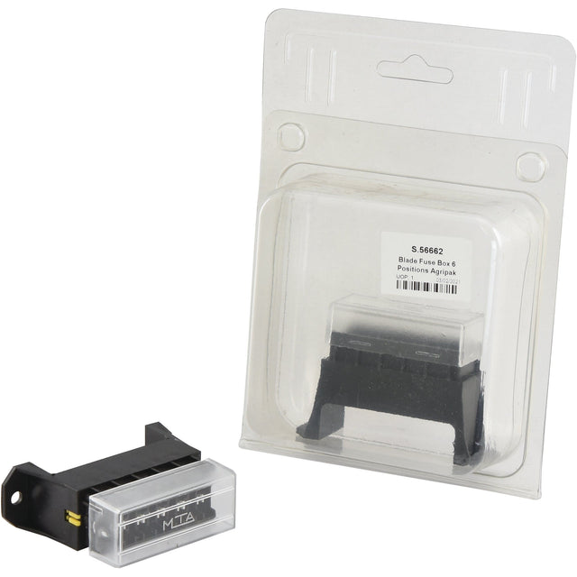 A black Blade Fuse Box 6 fuse (Agripak 1 pc.) with a transparent cover and a 6-position capacity is shown next to its clear Sparex packaging, Sparex Part No. S.56662.