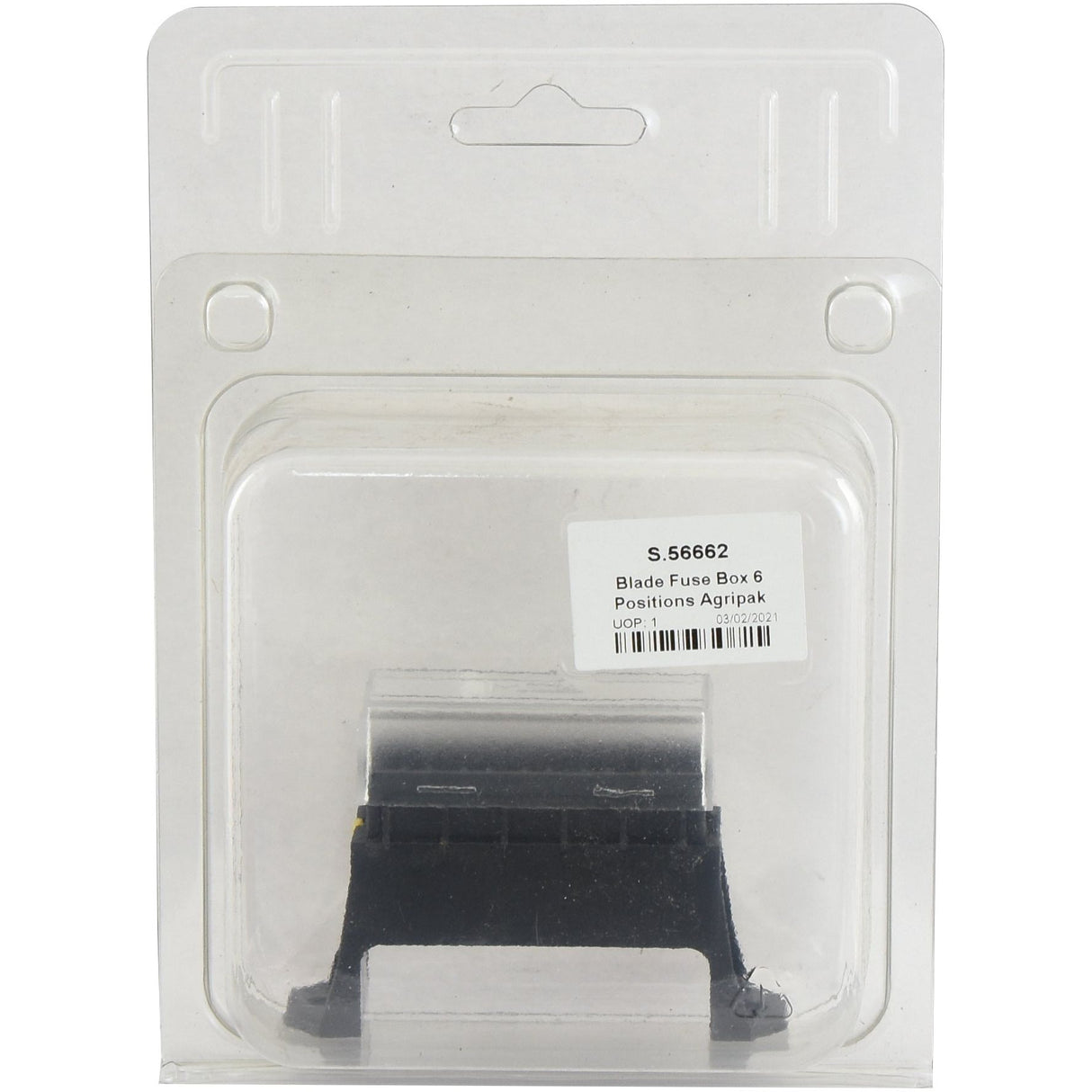 A packaged blade fuse box in a clear plastic display within a cardboard backing. The label on the package reads: "Blade Fuse Box 6 fuse (Agripak 1 pc.) | Sparex Part No.S.56662.
