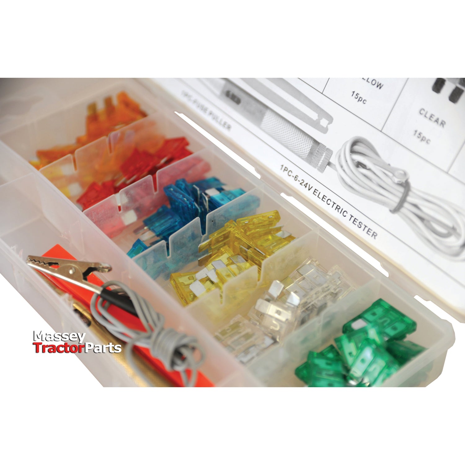 The Blade Fuse and Tool Kit Display Box, 93 pcs. - S.29891 by Sparex contains various colored fuses, test clips, and an electric tester labeled "1PC. 6-24V Electric Tester." The top left corner features the text "Massey Tractor Parts," providing manufacturer information suitable for various electrical diagnostics.