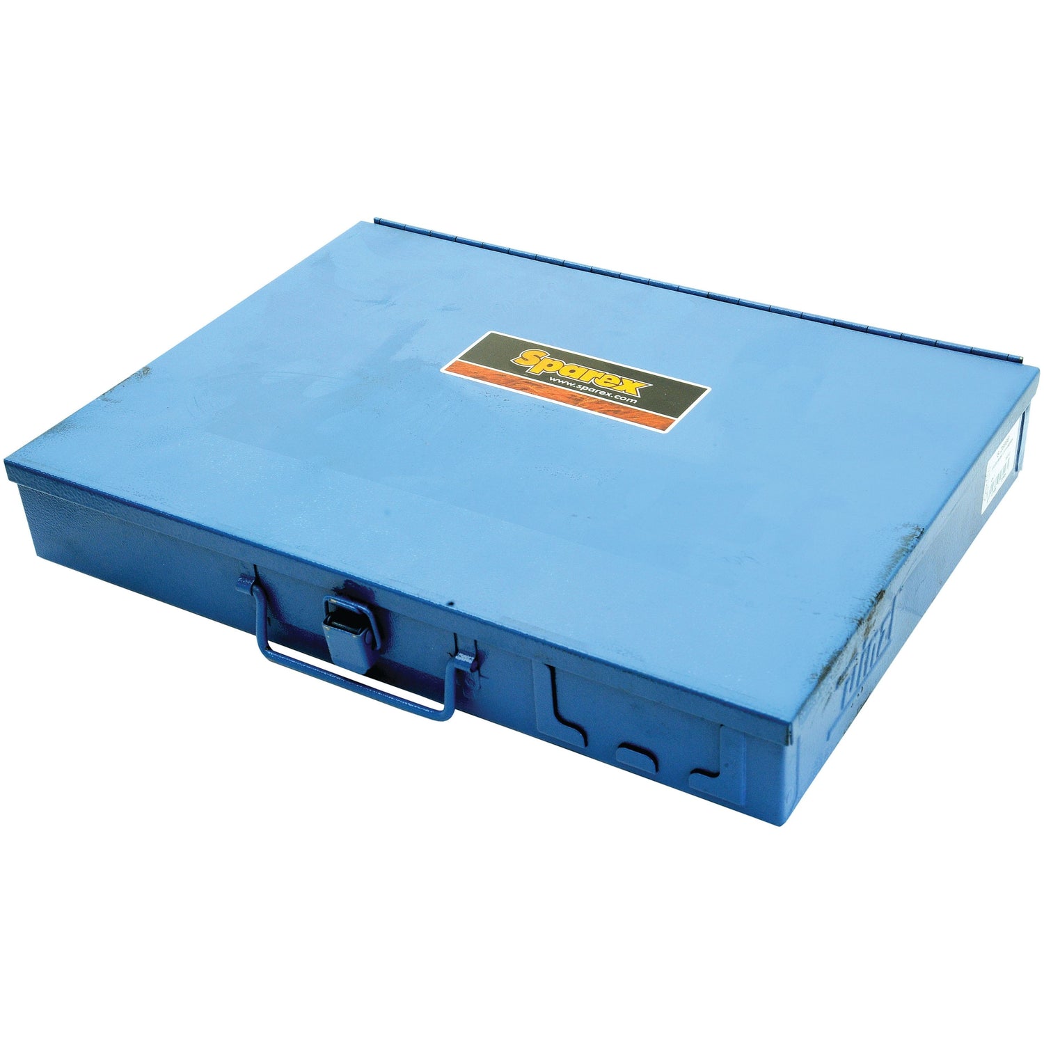 A closed, flat blue metal toolbox with a label on top and a handle in front, perfect for organizing your Blanking Cap Handipak - (78 pcs.) | Sparex Part No.S.28998 from Sparex.