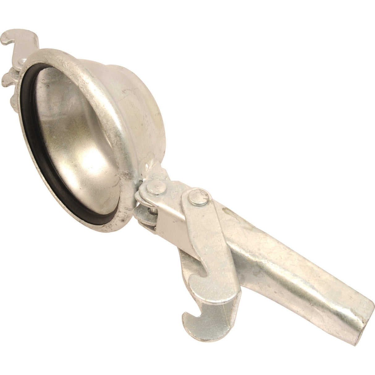 The Blanking Plug - Female - 5'' (120mm) (Galvanised) - S.115052 by Sparex features a silver metallic quick-connect pipe fitting with a lever and a rubber gasket inside the flange, designed as an Italian fitting.