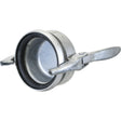 The Blanking Plug - Female - 6'' (159mm) (Galvanised) - S.103137 by Sparex is a metal product with a design that includes handles, a lid latch, and a locking pin & chain, commonly used for sealing purposes.