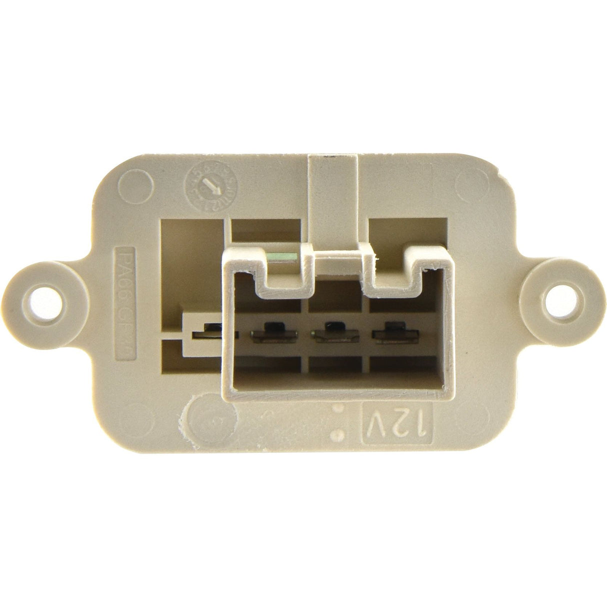 Front view of the Sparex Blower Motor Resistor (Sparex Part No.S.152521), featuring a beige, rectangular electrical connector with three horizontal pins inside and two mounting holes on either side. The number "12V" is inscribed on the lower right corner. Designed for Ford/New Holland applications, it ensures reliable performance.