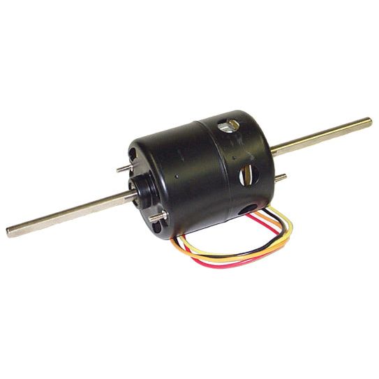The Sparex Blower Motor - S.106808 is a cylindrical double shaft motor with a black casing, featuring two long metal shafts extending from each end. It comes equipped with multiple wires in red, yellow, and black.