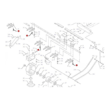 An exploded diagram of the Massey Ferguson - Bolt Finger Square Neck - D40551500 mechanical assembly features various parts labeled with numbers, and some components highlighted with red dots for clarity.