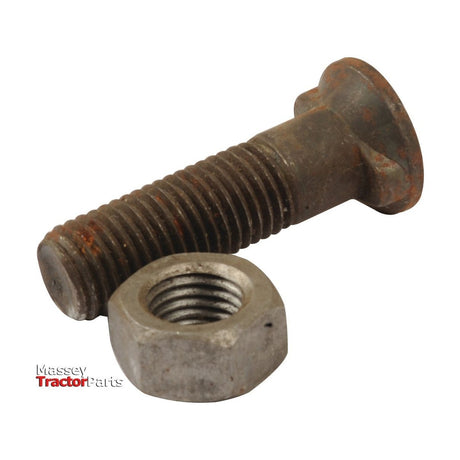 A rusty bolt and a nut, possibly from the Sparex Bolt Kit, Replacement for Fiskars (Part No. S.76238), are positioned together on a white background with a "Massey Tractor Parts" watermark in the bottom left corner.