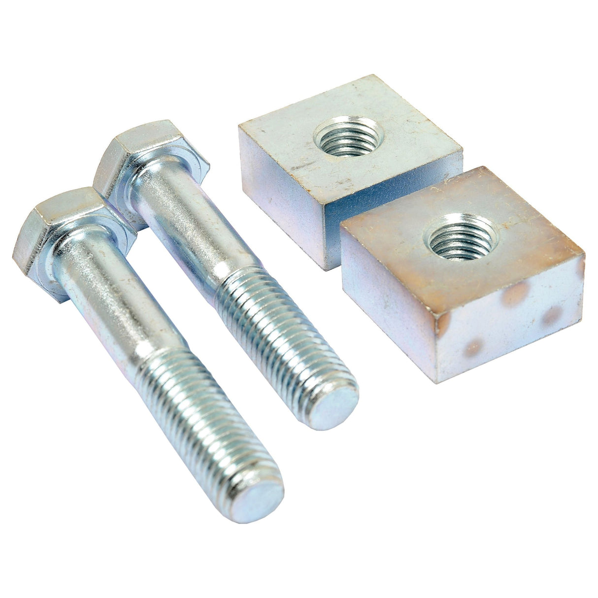 Two metal bolts with hexagonal heads and two square metal nuts with threaded holes, positioned side by side on a white background—the perfect Sparex S.79403 bolt kit replacement for Vicon PS03/04 (VN30293265).