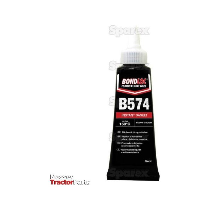 A Sparex Instant Gasket B574 - 50ml - S.24091 tube with a white nozzle on a plain background. The gasketing product is labeled for medium strength, boasts chemical resistance, and can withstand temperatures up to 150°C.