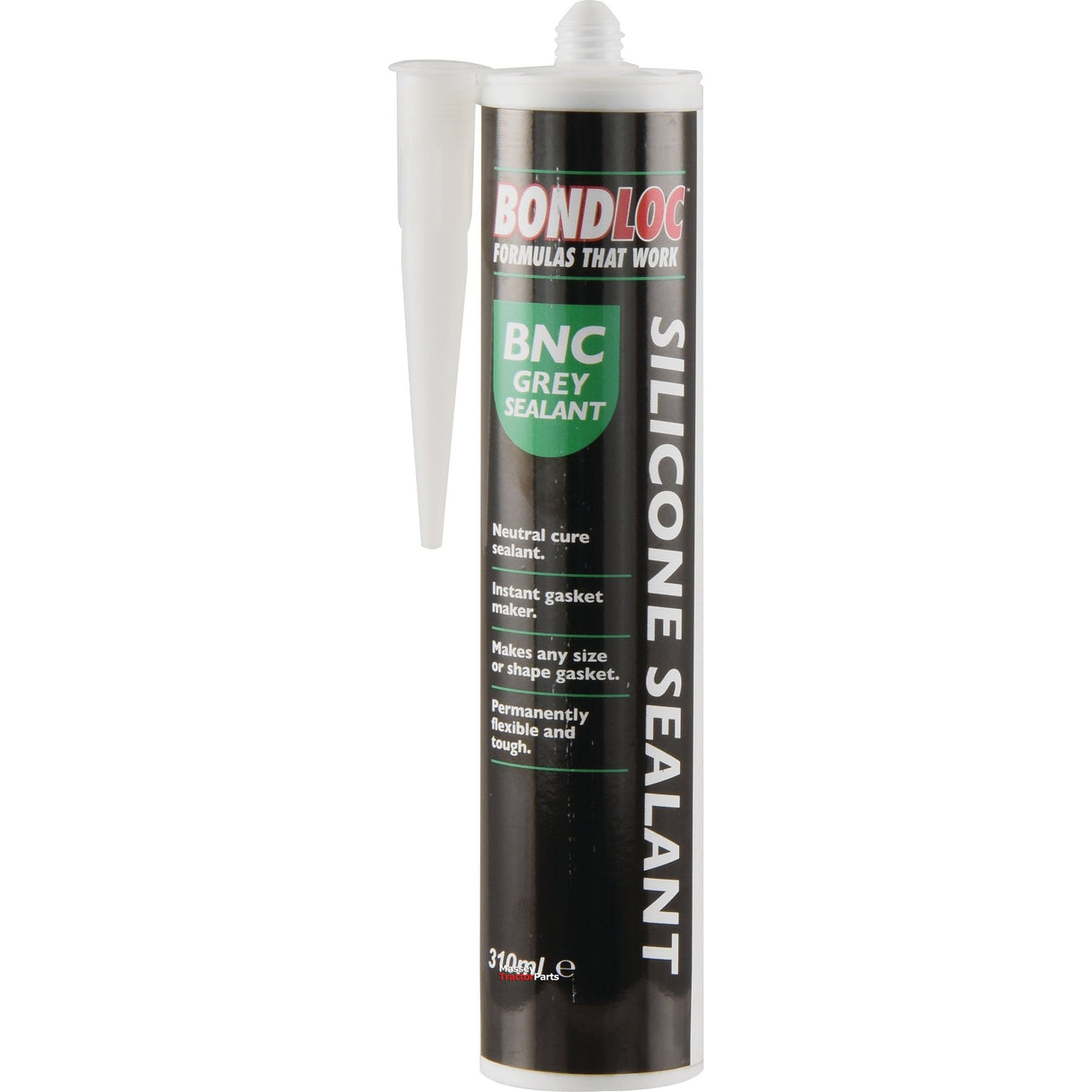 A 310ml tube of Silicone Sealant NC - 310ml (Sparex Part No.S.24122) by Sparex, equipped with a pointed nozzle, includes text highlighting its neutral cure, flexible and tough characteristics, along with its capability to create gaskets of any size or shape.